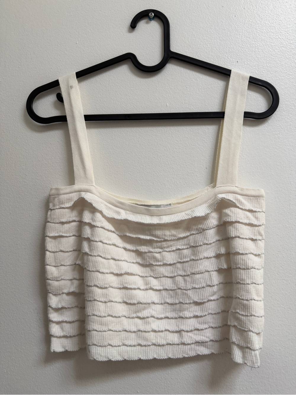 Zara Cream Ruffle-Textured Crop Tank with Silver Contrast Trim